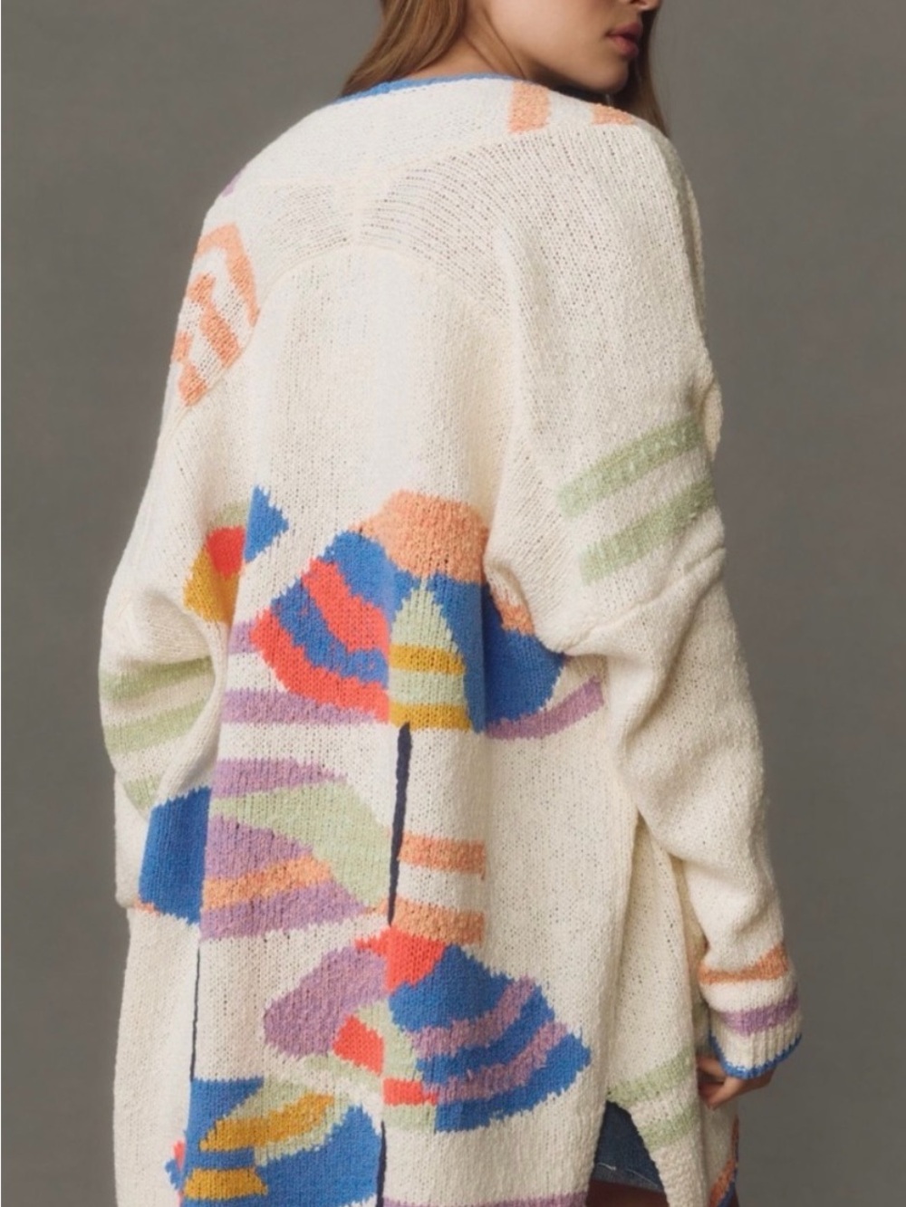 Anthropologie Cream Multicolor Abstract Knit Cardigan